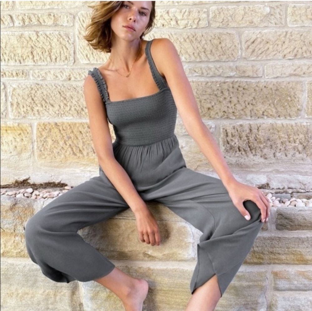 Aritzia WILFRED Flowy Jumpsuit Light Blue Smocked Sleeveless